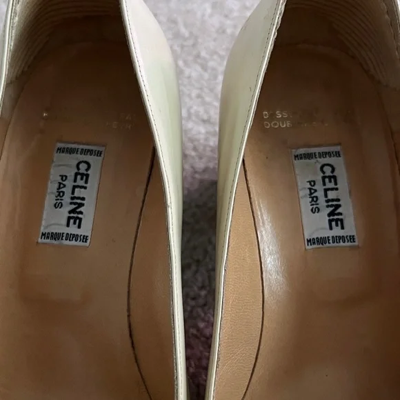 Celine Cream Leather Square-Toe Pumps with Gold Logo Plaque - Picture 7 of 12